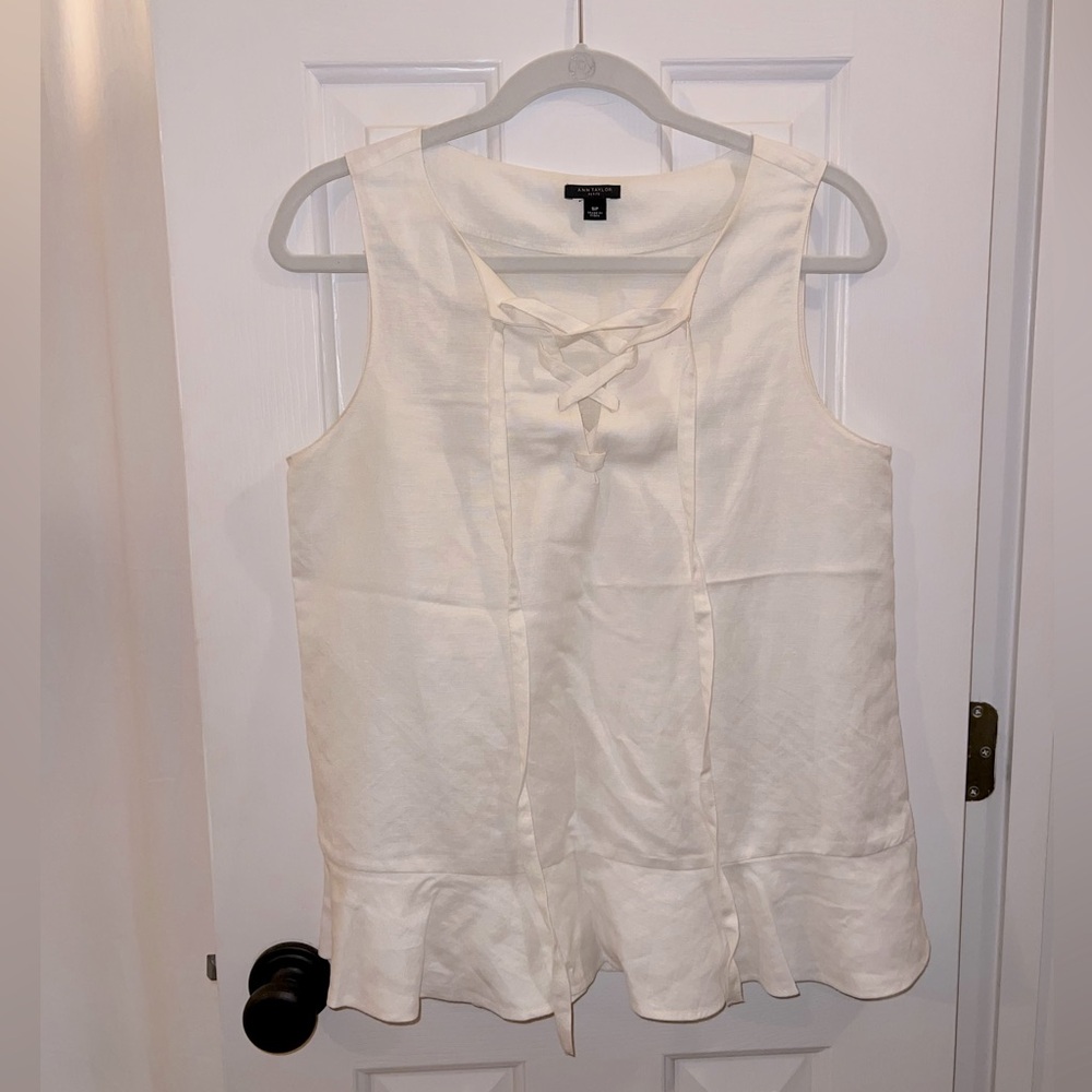 Ann Taylor cream linen top with lace up neckline